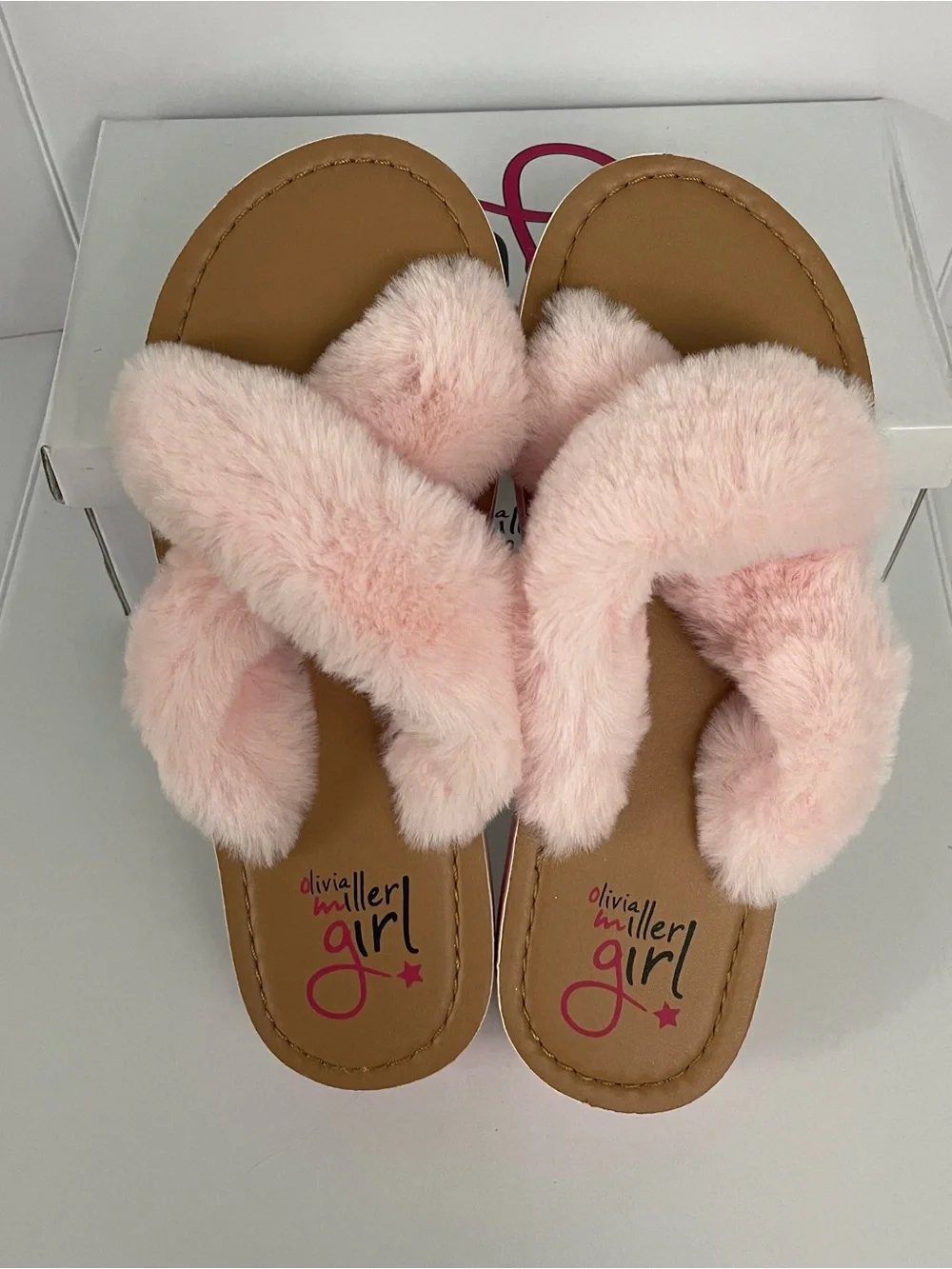 Olivia Miller Light Pink Faux-Fur Crossband Slide Sandals Flip Flops Girl’s Sz 3